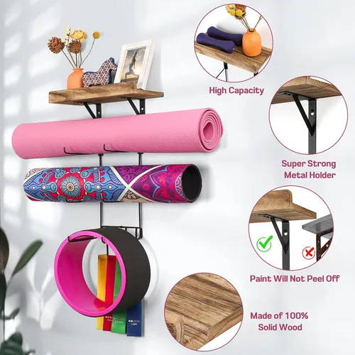 Miniatura 6 de Paquete de 2 soportes para esterilla de yoga de montaje en pared, estante de almacenamiento para esterilla de yoga, accesorios de gimnasio en casa