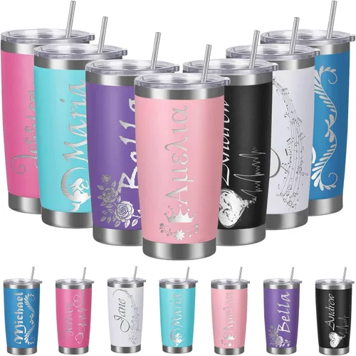 Miniatura 10 de Vasos personalizados con tapa y pajita, vaso aislado personalizado grabado con nombre, vaso de café de acero inoxidable, regalos para hombres y Negro