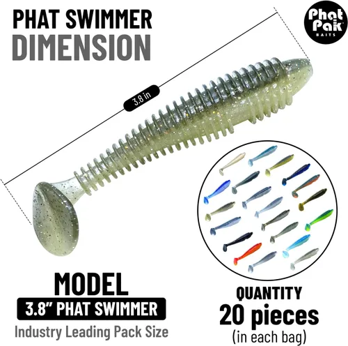 Miniatura 2 de Phat Pak Baits - Phat Swimmer Keitech Style Paddletail Swimbait 3.8" 20ct acanalado perfumado suave plástico Bass pesca señuelo Paquete de variedades