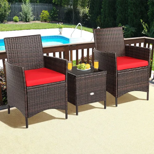 Miniatura 7 de Juego de muebles de patio de 3 piezas, muebles de mimbre para exteriores con cojín resistente al agua y mesa superior de vidrio templado, juego
