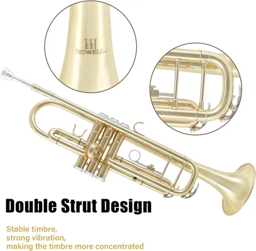 Miniatura 4 de ROWELL Juego de trompeta estándar Bb, trompeta con diseño de viga de doble soporte, instrumento de trompeta con estuche rígido, kit de limpieza