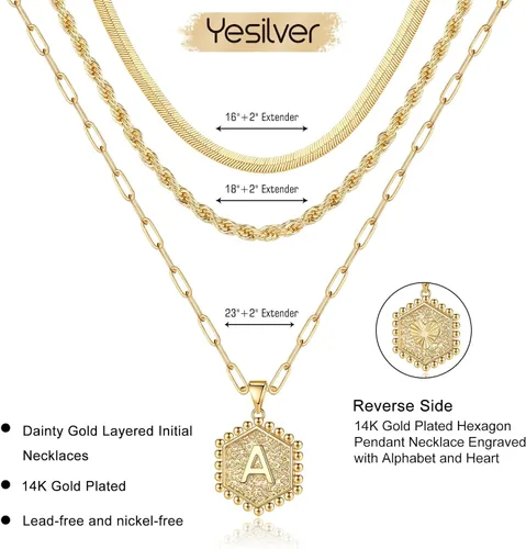 Miniatura 6 de Collares con iniciales en capas para mujer, collar de cadena con clip chapado oro de 14 quilates para mujer, collar con forma hexagonal