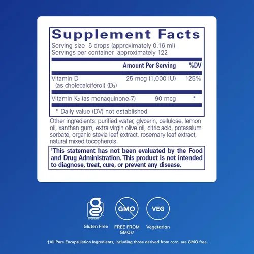 Miniatura 2 de Pure Encapsulations EmulsiSorb K2/D3 Liquid Vitamina K2 y D3 emulsionada de absorción mejorada para apoyo a la salud vascular* 0.7 onzas líquidas