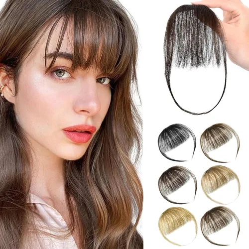 Miniatura 11 de Extensiones de cabello sintético con clip, flequillo francés, con sienes, color marrón ceniza, flequillo falso natural con clip para mujer, uso