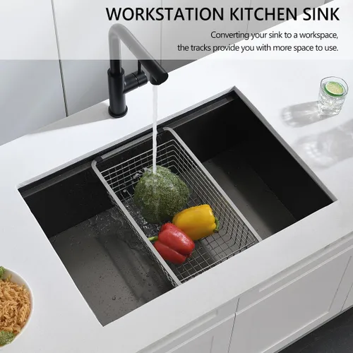 Miniatura 3 de Fregadero de cocina de montaje inferior negro 27 x 19 x 10 pulgadas, fregadero de acero inoxidable negro calibre 16, estación de trabajo debajo