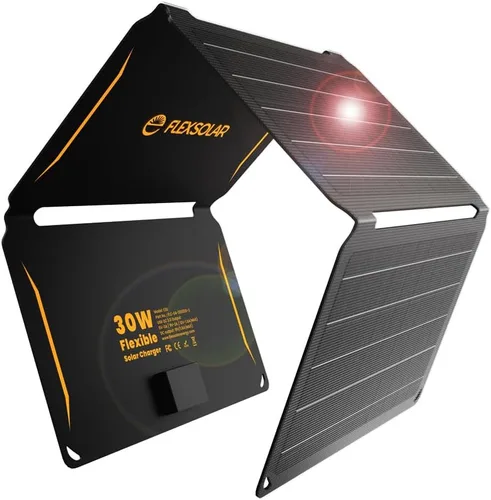 FlexSolar Cargador solar portátil de 30 W, panel plegable de ETFE con QC3.0 18 W USB-A/USB-C y resistencia al agua IP67 - Carga rápida para
