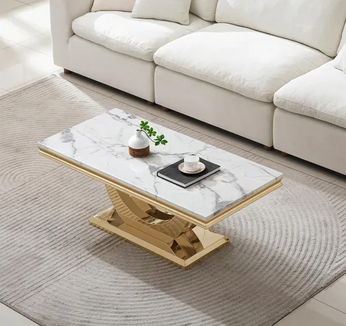 Miniatura 4 de SSLine Mesa de Centro Rectangular de Mármol Sintético para Sala de Estar, Mesa Central Moderna de Mármol Blanco de Lujo con Base Doble en Forma de U