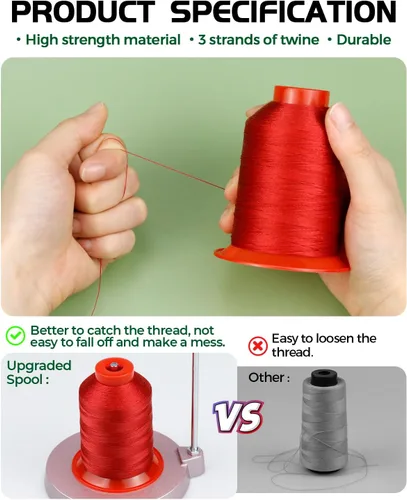 Miniatura 5 de Hilo de tapicería extra fuerte FIVEIZERO, hilo de nailon unido rojo de 1000 metros para denim, cuero, manualidades, máquina, bricolaje y hogar