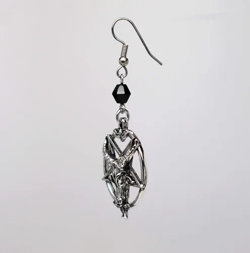 Miniatura 4 de Baphomet - Pendientes colgantes con diseño de cabeza de cabra invertida, acabado plateado, Peltre, acero quirúrgico