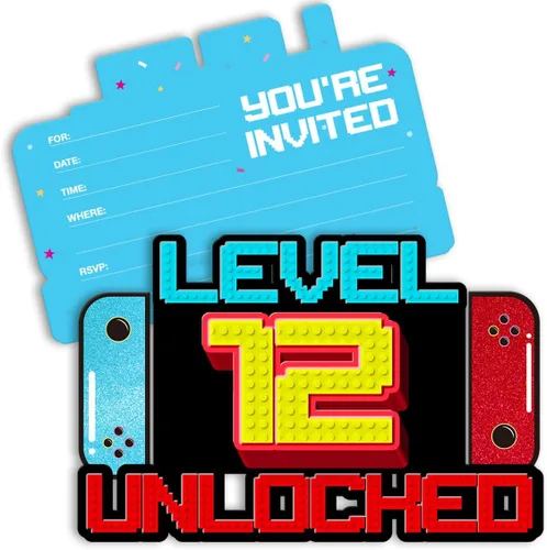 Miniatura 11 de Invitaciones de cumpleaños de videojuegos para niños de 7 años, invitaciones de cumpleaños para niños con purpurina, invitaciones de fiesta