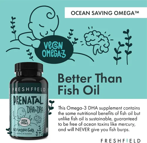 Miniatura 3 de Freshfield Omega 3 DHA vegano prenatal: sostenible, sin carragenina, probado por terceros, botella compostable, neutro en carbono. Apoya el corazón