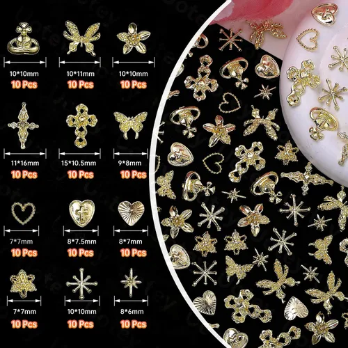 Miniatura 2 de 120 dijes de uñas dorados, corazón de estrella de metal 3D, flores de cruz dorada y dijes de la Virgen María para uñas acrílicas, accesorios