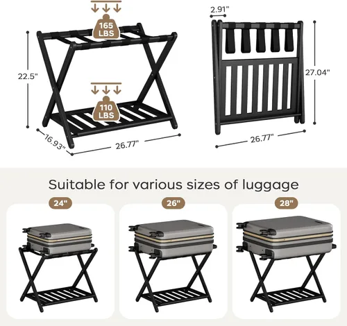 Miniatura 2 de oakvivo Portaequipajes negro totalmente montado para habitación de invitados, soporte plegable de bambú para maleta con 5 correas de nailon, soporte