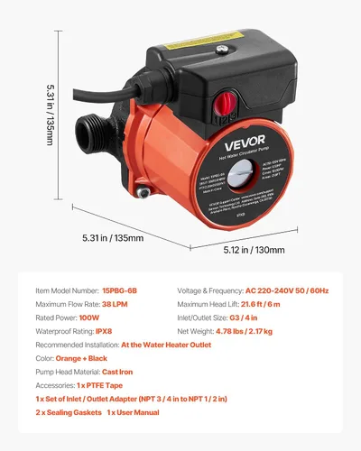 Miniatura 7 de VEVOR Bomba de Recirculación de Agua Caliente, 10 GPM, Sistema de Bomba Circuladora de Circulación Instantánea, Control de 3 Velocidades, 0.13 HP