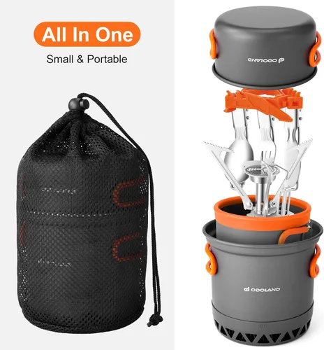 Miniatura 7 de Odoland Juego de ollas de camping con intercambiador de calor, juego de cocina con estufa de camping portátil, kit de comida de camping, incluye