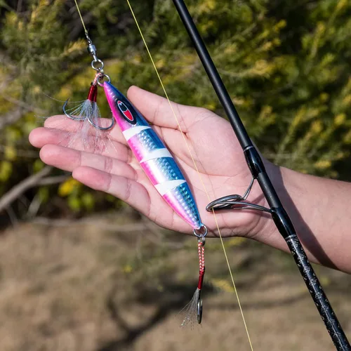 Miniatura 6 de Goture Señuelo artificial vertical de caída plana lenta con plomo luminoso de agua salada, señuelo de pesca con dos ganchos Mustad de asistencia