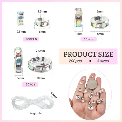 Miniatura 2 de TOAOB - 200 cuentas espaciadoras Rondelle de 0.236 in, 0.315 in, 0.394 in, redondas, de cristal checo, sueltas, cuentas espaciadoras sueltas