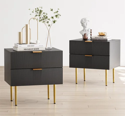 Miniatura 12 de Mesita de noche blanca para dormitorio, juego de 2 mesitas de noche acanaladas, mesa de noche moderna de mediados de siglo con patas de metal dorado