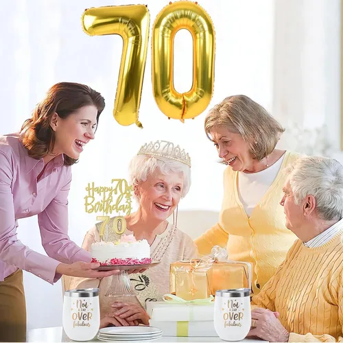 Miniatura 2 de Decoraciones doradas de 70 cumpleaños para mujer con banda y tiara de cumpleaños 70, adorno para pastel y velas, globos de números, regalos de 70