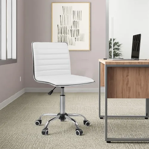 Miniatura 7 de JUMMICO Silla de oficina de tocador sin brazos con ruedas, pequeña y bonita silla de escritorio de maquillaje de cuero acanalado giratoria