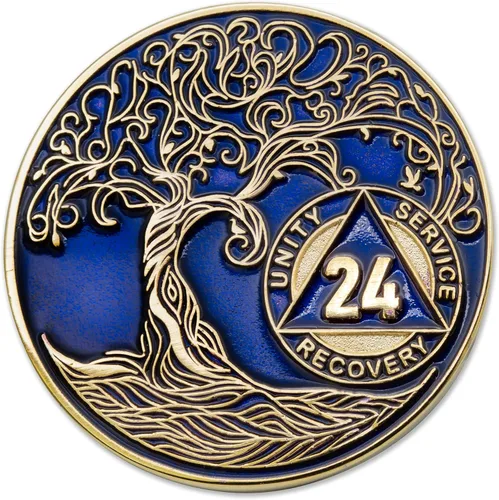 Miniatura 260 de 20 Year Sobriety Mint Twisted Tree of Life - Medallón de recuperación AA chapado en oro, fichas y fichas, color negro