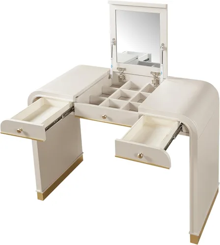 Miniatura 8 de RuiSiSi Escritorio de maquillaje de madera con espejo abatible, tocador con 2 cajones y espacio de almacenamiento, tocador de maquillaje 3 en 1