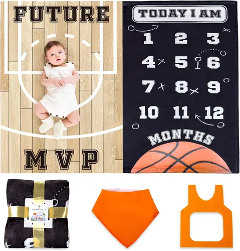 SUKOON Manta de Hitos Mensuales para Bebé Niño/Niña | Tema de Baloncesto | Incluye Marco y Babero | Grande | 47"x40" | Manta de Meses Personalizada