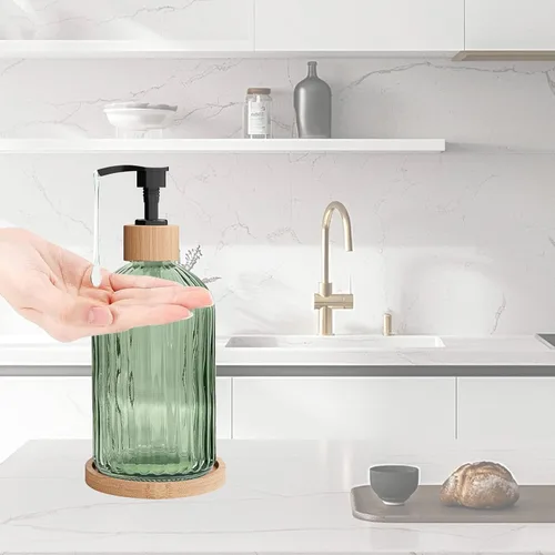 Miniatura 5 de Green Glass Soap Dispenser with with Bamboo Pumps & Tray, 140z Hand and Dish Soap Dispenser Bathroom Set, Vertical Stripe Bathroom Lotion Dispenser