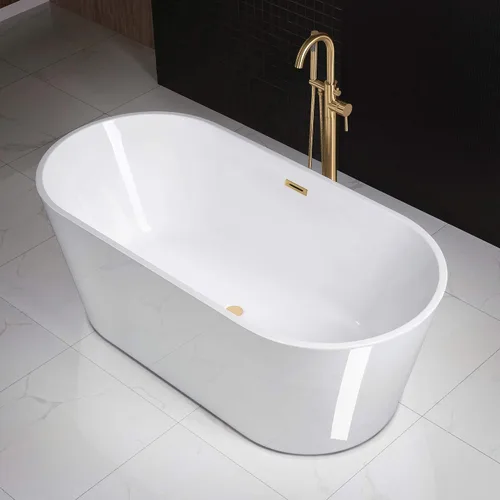 Miniatura 3 de WOODBRIDGE Bañera de acrílico independiente de 67 pulgadas, bañera blanca de remojo contemporáneo con desbordamiento y drenaje de oro cepillado