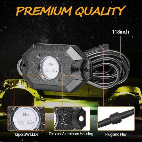Miniatura 3 de Niwaker - Kits de luces de roca RGB, 4 cápsulas de luces LED RGB con control Bluetooth, luces LED de neón multicolor para camiones, ATV, UTV, SUV
