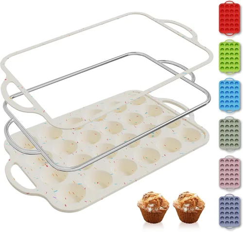 Miniatura 16 de 2 paquetes de 12 tazas de molde para magdalenas de silicona para hornear con marco reforzado de metal, molde para cupcakes de tamaño regular, Crema