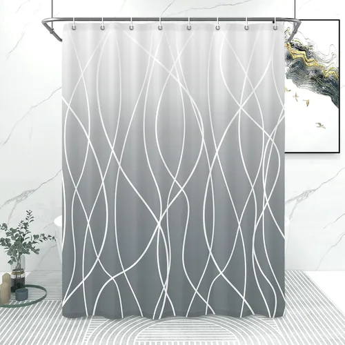 Miniatura 42 de Juego de cortinas de ducha azul egeo para baño con ganchos, cortinas de baño decorativas repelentes al agua y lavables con rayas blancas, 72 x 72