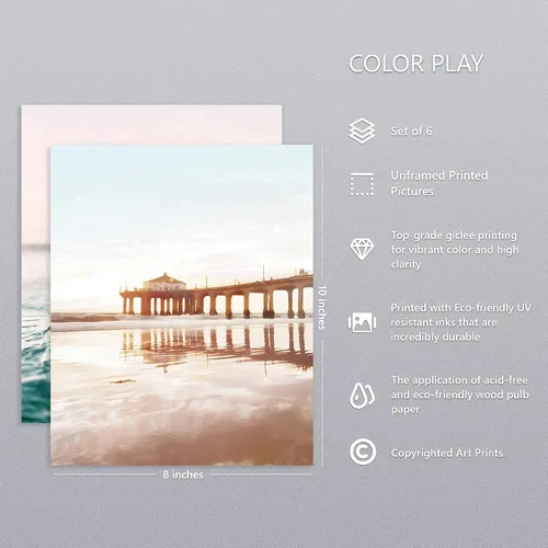 Miniatura 2 de Juego de 6 impresiones costeras para pared, diseño estético junto al mar, estrellas de mar, arena, paseo marítimo, olas del océano, pósteres