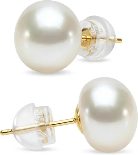Miniatura 9 de KEZEF Aretes de perlas para mujer, oro real de 14 quilates, perlas cultivadas de agua dulce con mariposa dorso de oro de 14 quilates con silicona