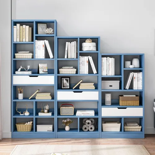 Miniatura 6 de IOTXY - Estantería de madera con espacios abiertos, 51" de altura, organizador de almacenamiento con 7 cubos y un cajón, estante de piso, color azul