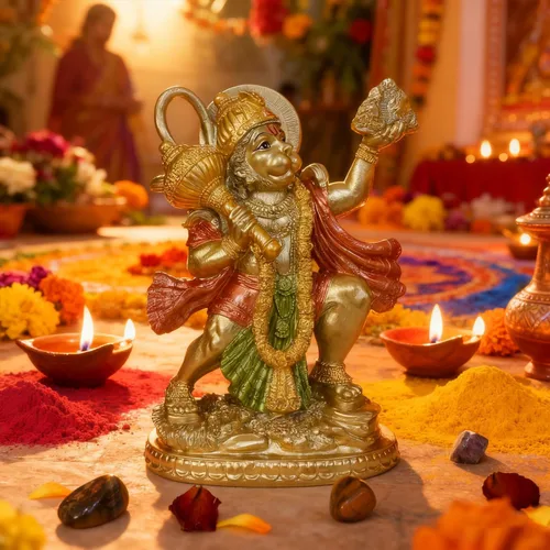 Miniatura 2 de BangBangDa Estatua hindú de Hanuman volador de Dios Hindú, acabado dorado de señor indio, Hanuman volador que lleva hierbas, escultura de ídolo