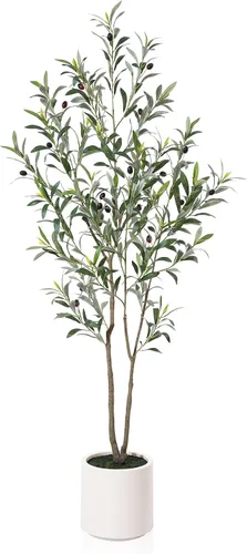 LOMANTO Olivos artificiales, olivos artificiales de 5 pies de alto para interiores, árbol de seda de olivo sintético, plantas de olivo grandes con