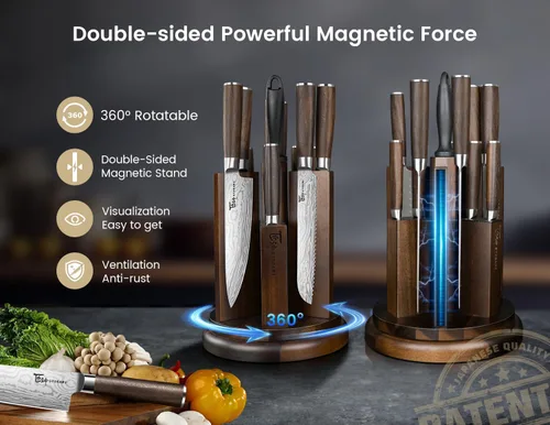 Miniatura 2 de SYOKAMI Juego de cuchillos de cocina con bloque magnético y afilador, juego de 14 cuchillos, soporte giratorio de 360°, cuchillos ultra afilados