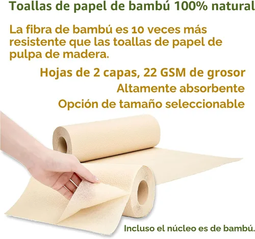 Miniatura 2 de Toallas de papel 100% de bambú, sin árboles, sin químicos, sin pelusas, duraderas, absorbentes, tamaño seleccionable de 2 capas, 90 hojas por rollo.