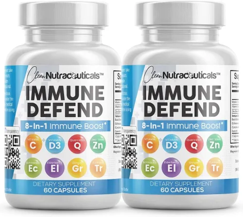 Miniatura 10 de Suplemento de apoyo de defensa inmunológica 8 en 1 con zinc 50 mg de quercetina, VIT C 1000 mg, vitamina D3 5000 IU, saúco, curcumina, jengibre