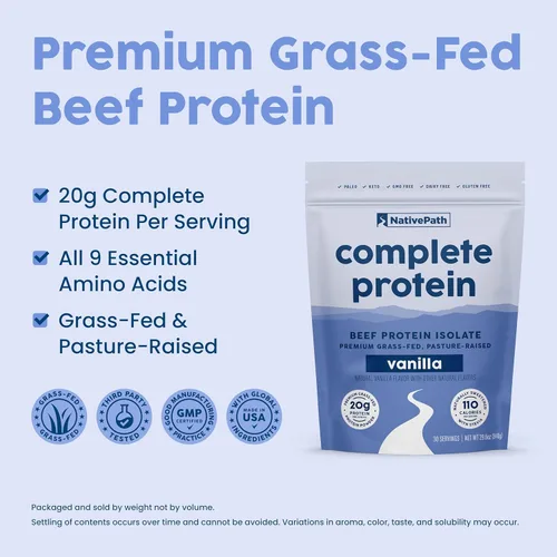 Miniatura 3 de NativePath Proteína de carne de res de vainilla en polvo – 0.71 onzas de proteína, 30 porciones – Alimentado con pasto, aislado criado en pastos