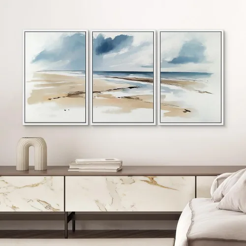 Miniatura 679 de SIGNWIN Lienzo enmarcado para pared, arte con pinceladas de flujo neutro en tonos beige abstractos, ilustraciones, arte moderno, decorativo