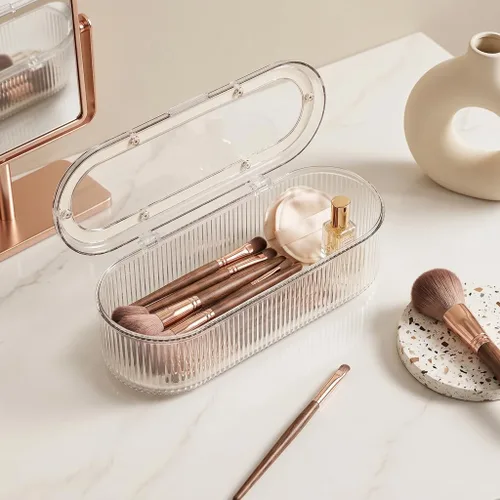 Organizador de brochas de maquillaje, organizador de esponjas de maquillaje de acrílico transparente, estuche de almacenamiento de cosméticos con