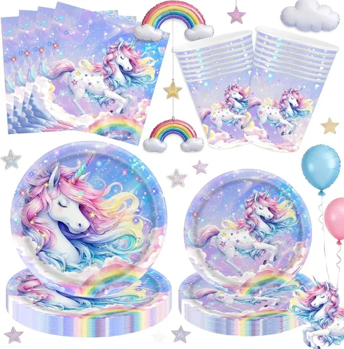 Juego de 80 piezas de suministros para fiesta de Pegasus, diseño caprichoso de melena ombré y cuerno de arcoíris, incluye platos llanos, platos de