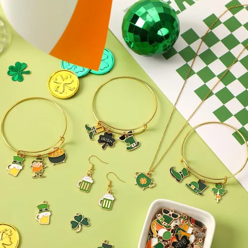 Miniatura 4 de SANNIX 110 piezas de 55 pares de dijes del día de San Patricio, trébol de San Patricio, dije de esmalte dorado para hacer joyas, pulseras, collares