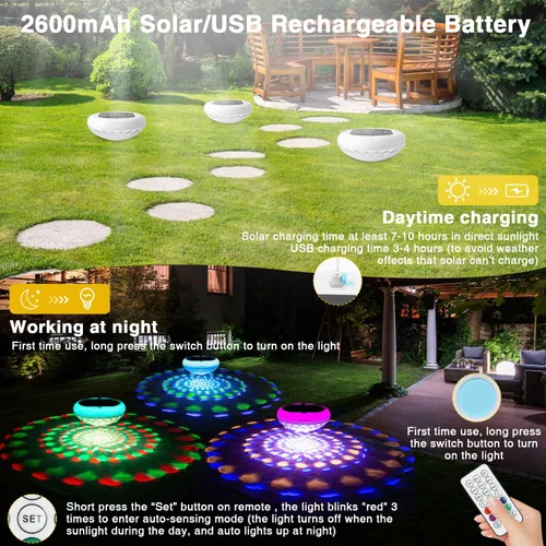 Miniatura 4 de QOLNBY Luces solares flotantes para piscina, recargables por USB, 2600 mAh, luces de piscina con control remoto, 6.69 pulgadas, IP68, impermeable, 2