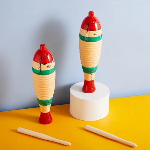 Miniatura 6 de 2 piezas de instrumento de guiro de rana de madera en forma de pez colorido, instrumento de percusión musical latino para adultos con palos de ritmo