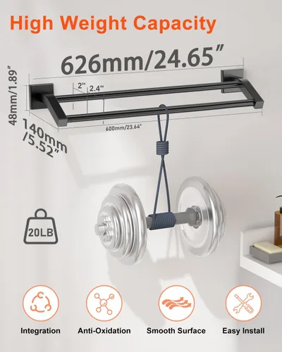 Miniatura 2 de Alise Toallero doble de baño, toallero para baño, lavabo de baño, acero inoxidable SUS304 de 24 pulgadas, soporte de pared, color negro mate