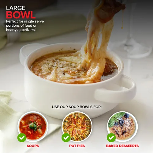 Miniatura 7 de Modern Innovations Cuencos de sopa de cebolla francesa de 20 onzas con asas en color blanco (juego de 4) aptos para horno y microondas, gres