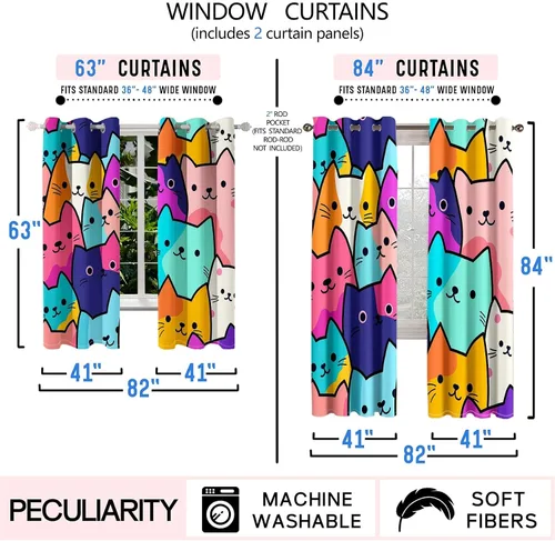 Miniatura 5 de Cortinas de Gato - Lindas Cortinas Opacas de Gato para Habitación de Niños Decoración Kawaii para Dormitorio de Niñas, 2 Paneles, 82 x 63 pulgadas